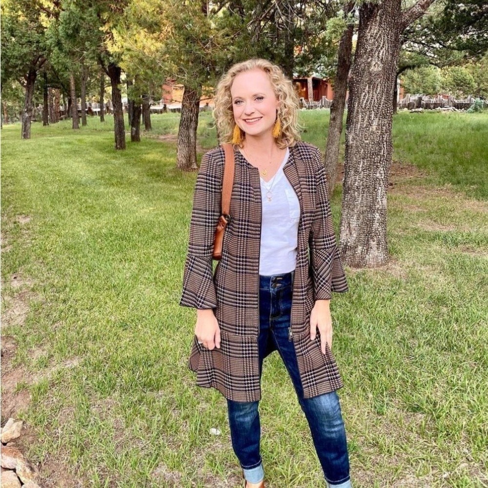 Cabi Women's Flounce‎ Jacket 3902 Tartan Plaid Zip Front Brown Navy Size Small